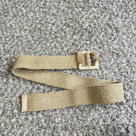VTG Natural Raffia Belt Square Lucite Marble Buckle Boho Stretchy Classy New - Picture 1 of 4